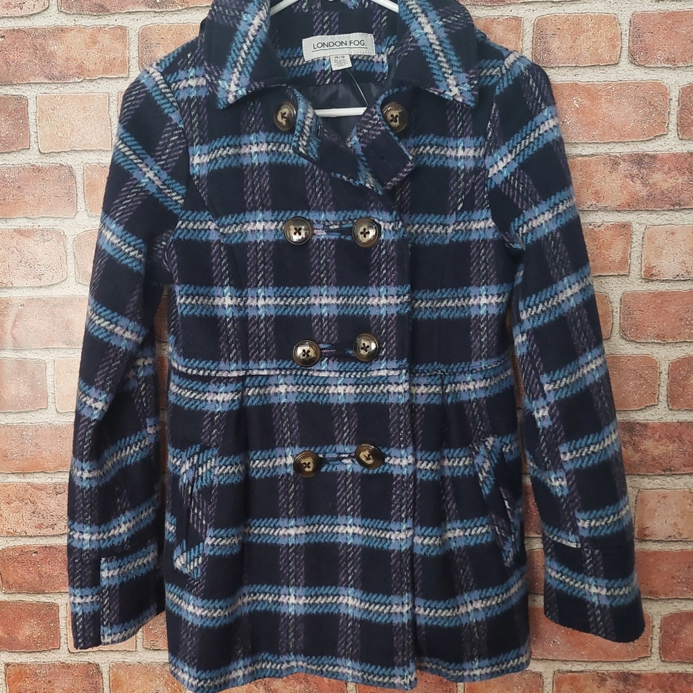 London Fog Blue Plaid Wool Pea Coat 14/16